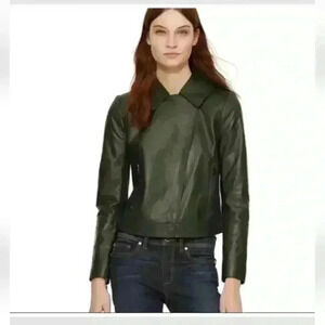 Tory Burch Women's Dark Green Sheepskin Leather Moto Jacket 0(XS-S)
